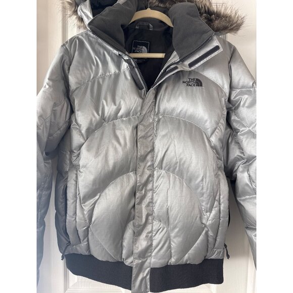The North Face Sammie Women's Silver Down Puffer Jacket XL Faux Fur Trim Hood - Picture 2 of 12